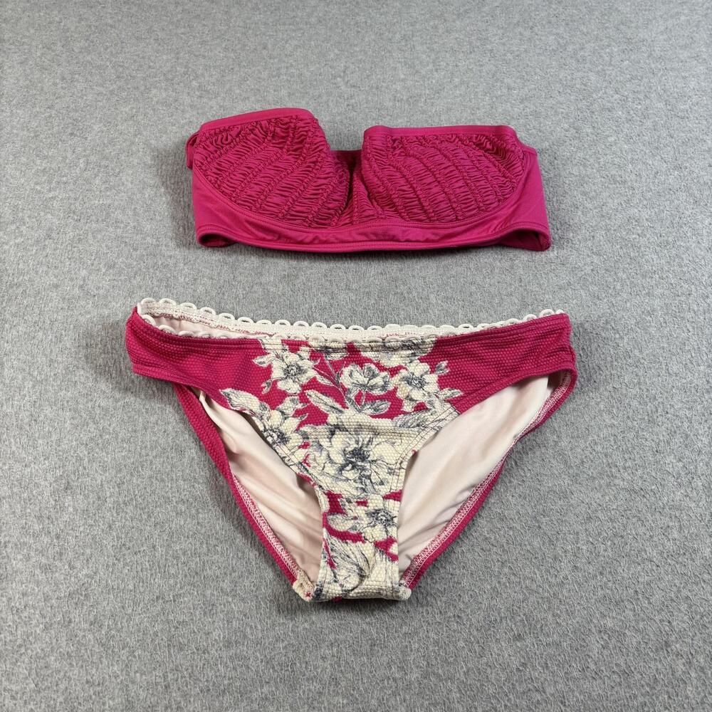 Juicy Couture Bikini Set Women Large Pink Floral Bandeau Crochet Beach Swimming